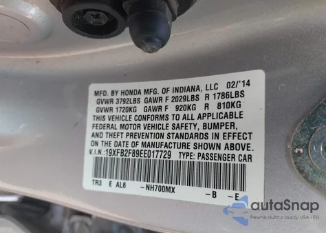 2014 Honda Civic Ex z USA, uszkodzony, nr VIN 19XFB2F89EE017729